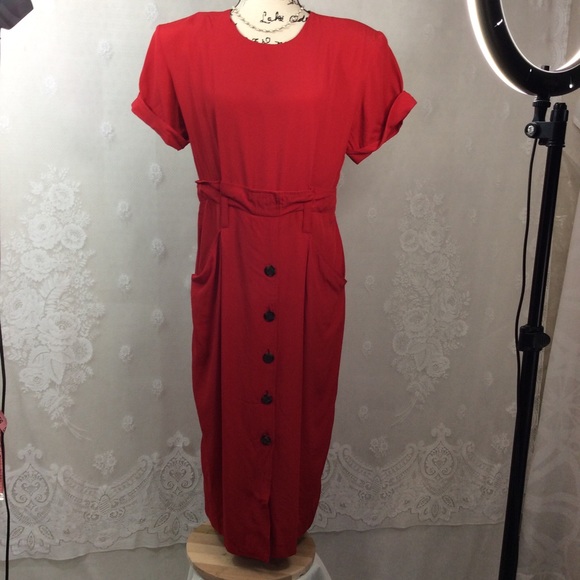 Vintage Red Mock Paper-bag Midi Sheath Dress 12 - Picture 2 of 13
